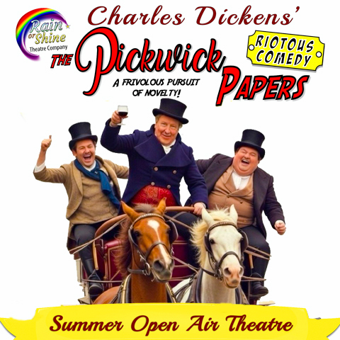 A promotional graphic for a performance of 'Pickwick Papers' with three men dressed in period costumes on horseback.