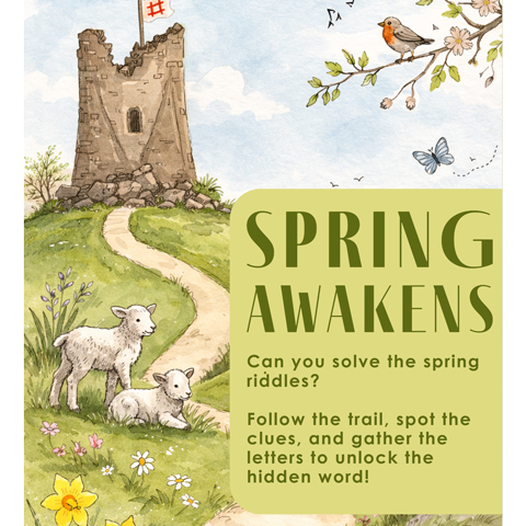 A promotional graphic reading 'Spring Awakens' with details about the Easter trail at Goodrich Castle. The background features an illustration of a Castle with an English Heritage flag being flown at the top, as well as lambs, butterflies and a robin.