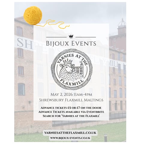 A promotional graphic showing the details of the Yarnies event held at Shrewsbury Flaxmill Maltings with an image of yarn overlayed.