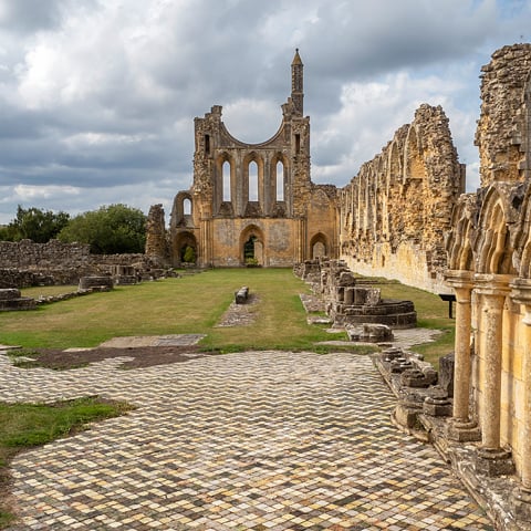 A view of the ruins at Byland Abbey on a cloudy day.