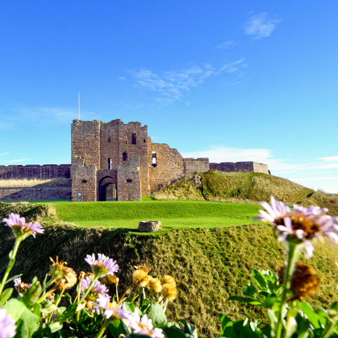 A view of Tynemouth Castle from afar on a sunny day with flowers in the foreground.
