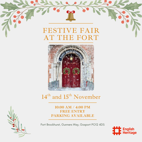 The red doors to the Victorian Fort Brockhurst are centred in a festive poster advertising a craft fair at the English Heritage property.
