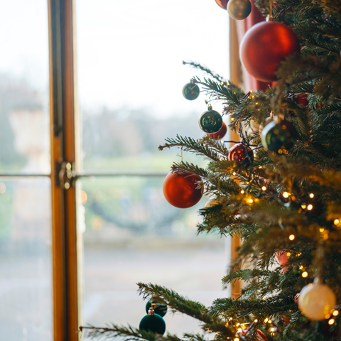A close up view of a decorated Christmas tree with a glass window behind.