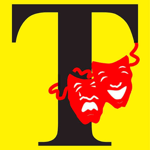 A logo graphic on a bright yellow background with a bold black capital letter T in the middle of the image. There is an illustration of theatre masks overlap the letter.