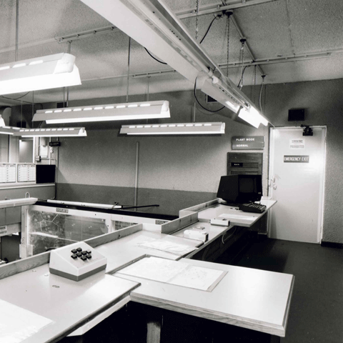 A black and white photograph of a control room in York Cold War Bunker.